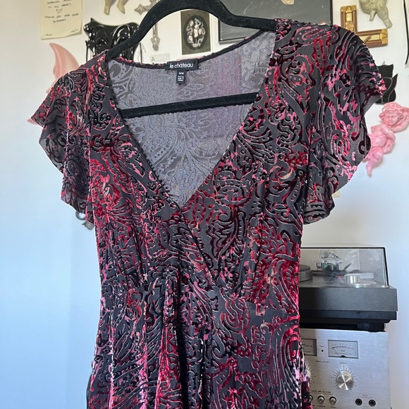 90s Red Velvet Asymmetrical Top with Cinch Belt Vintage - Picture 2 of 7